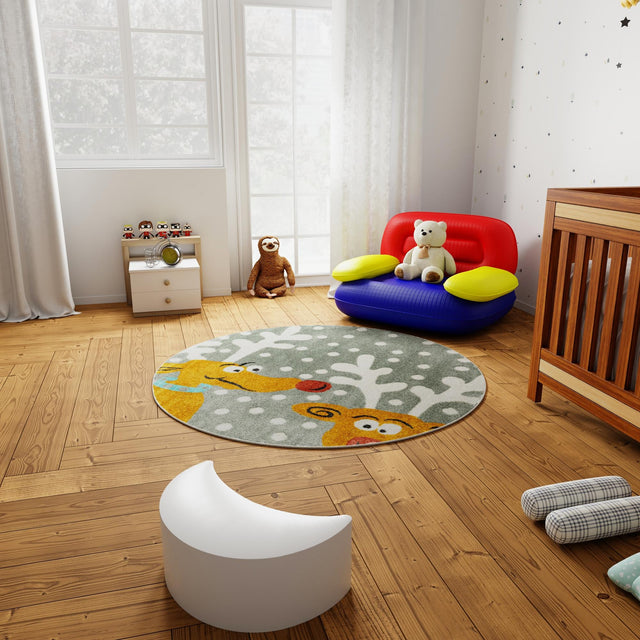 Gray 7' 10 x 7' 10 Whimsy Kids Round Area Rug for Baby Nursery, Toddler Playroom, Bedrooms