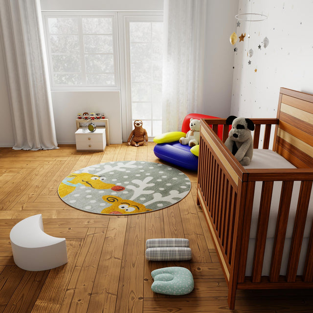 Gray 7' 10 x 7' 10 Whimsy Kids Round Area Rug for Baby Nursery, Toddler Playroom, Bedrooms