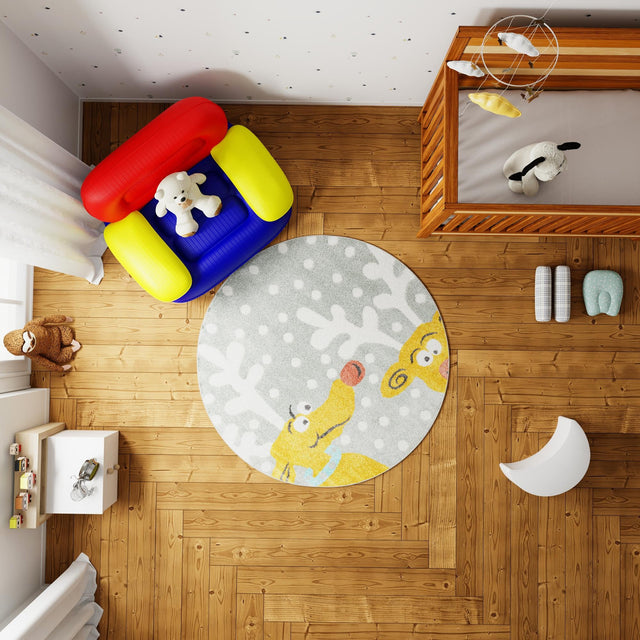 Gray 7' 10 x 7' 10 Whimsy Kids Round Area Rug for Baby Nursery, Toddler Playroom, Bedrooms