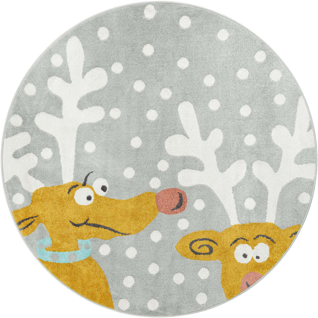 Gray 6' 1 x 6' 1 Whimsy Kids Round Area Rug for Baby Nursery, Toddler Playroom, Bedrooms