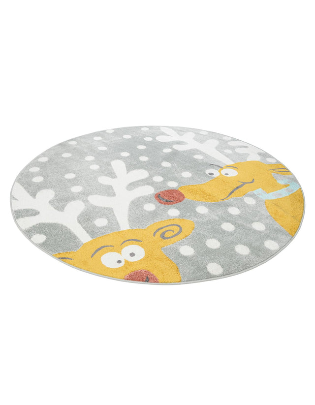 Gray 7' 10 x 7' 10 Whimsy Kids Round Area Rug for Baby Nursery, Toddler Playroom, Bedrooms