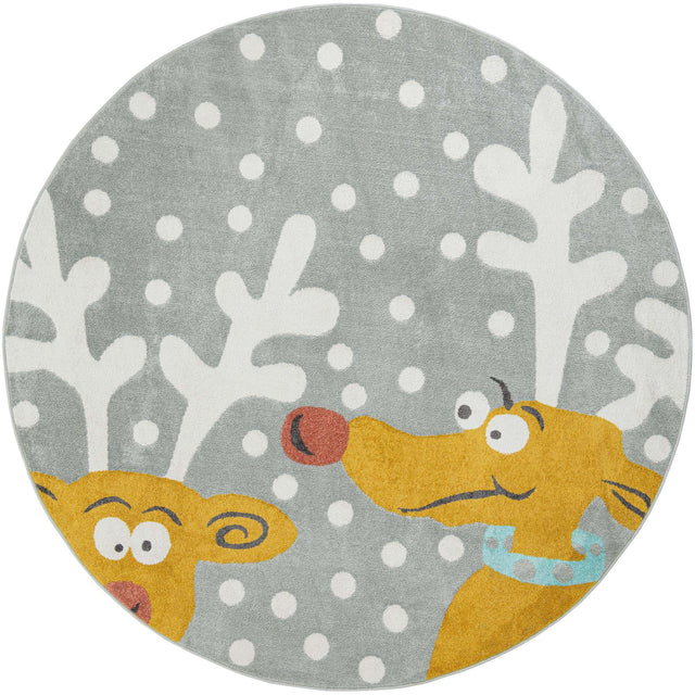Gray 7' 10 x 7' 10 Whimsy Kids Round Area Rug for Baby Nursery, Toddler Playroom, Bedrooms