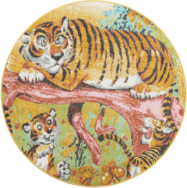 Multicolor 5' 1 x 5' 1 Whimsy Kids Round Area Rug for Baby Nursery, Toddler Playroom, Bedrooms Playful Fun Design Easy Clean Carpet for Sale at Rug Engine