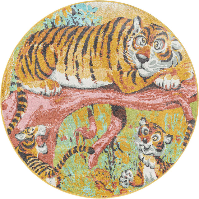 Multicolor 6' 1 x 6' 1 Whimsy Kids Round Area Rug for Baby Nursery, Toddler Playroom, Bedrooms