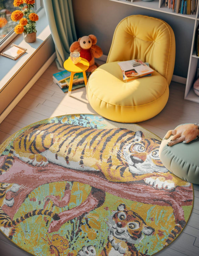 Multicolor 6' 1 x 6' 1 Whimsy Kids Round Area Rug for Baby Nursery, Toddler Playroom, Bedrooms