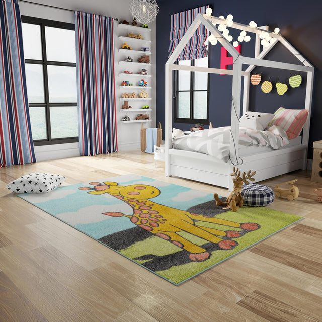 Blue 7' 10 x 10' Whimsy Kids Rectangle Area Rug for Baby Nursery, Toddler Playroom, Bedrooms