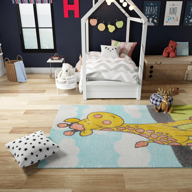 Blue 7' 10 x 10' Whimsy Kids Rectangle Area Rug for Baby Nursery, Toddler Playroom, Bedrooms