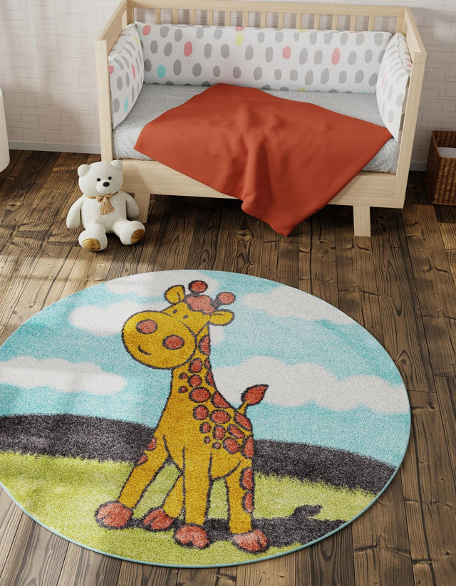 Blue 7' 10 x 7' 10 Whimsy Kids Round Area Rug for Baby Nursery, Toddler Playroom, Bedrooms