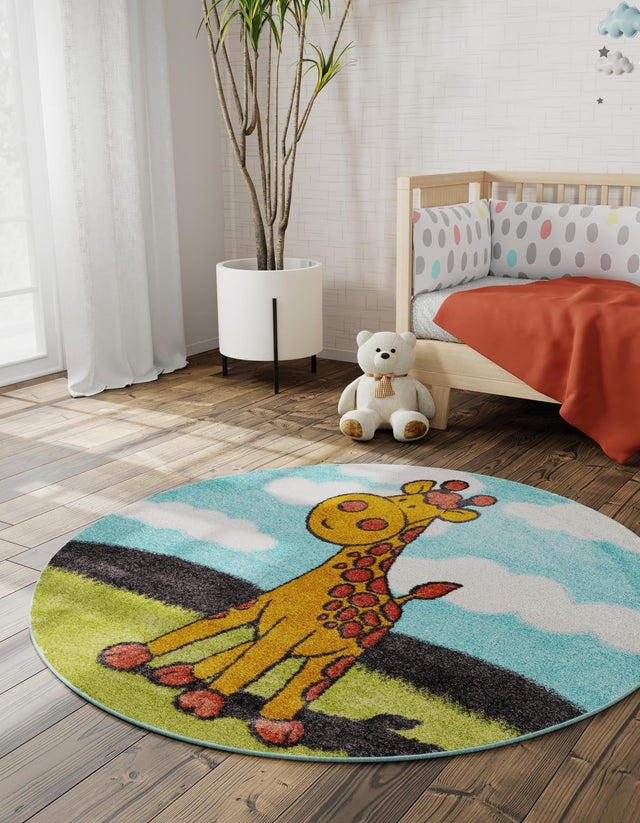 Blue 7' 10 x 7' 10 Whimsy Kids Round Area Rug for Baby Nursery, Toddler Playroom, Bedrooms
