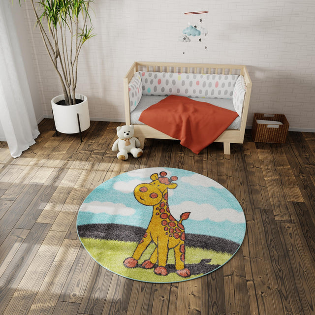 Blue 2' 2 x 2' 2 Whimsy Kids Round Area Rug for Baby Nursery, Toddler Playroom, Bedrooms