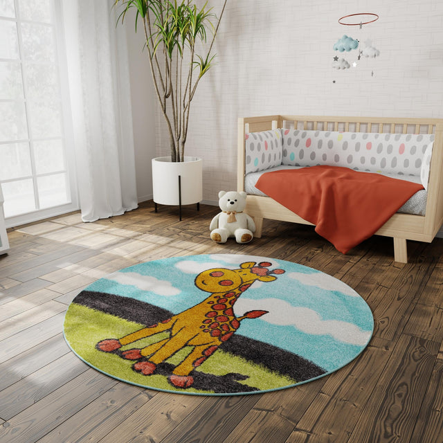 Blue 7' 10 x 7' 10 Whimsy Kids Round Area Rug for Baby Nursery, Toddler Playroom, Bedrooms