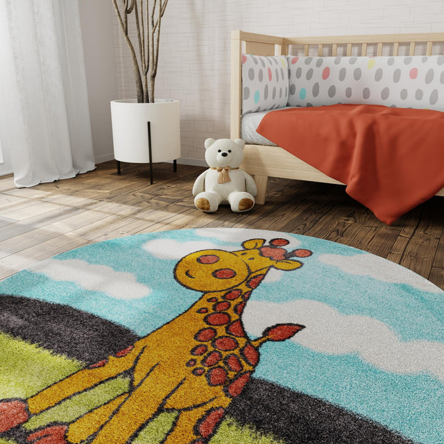 Blue 7' 10 x 7' 10 Whimsy Kids Round Area Rug for Baby Nursery, Toddler Playroom, Bedrooms