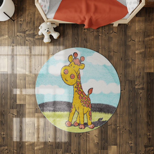 Blue 7' 10 x 7' 10 Whimsy Kids Round Area Rug for Baby Nursery, Toddler Playroom, Bedrooms