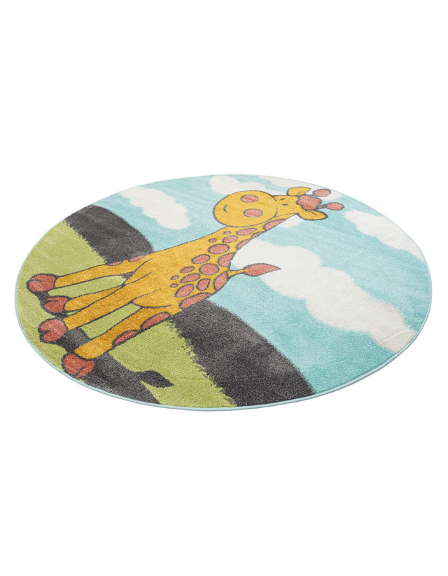 Blue 7' 10 x 7' 10 Whimsy Kids Round Area Rug for Baby Nursery, Toddler Playroom, Bedrooms