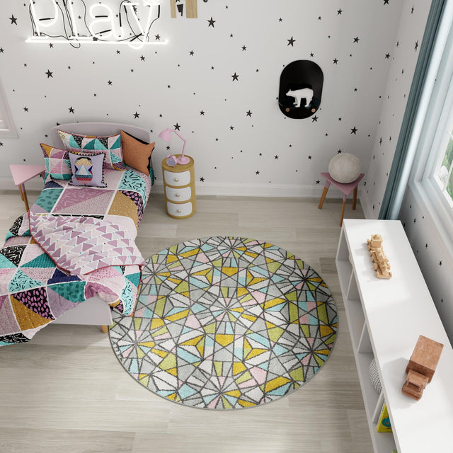 Multicolor 7' 10 x 7' 10 Whimsy Kids Round Area Rug for Baby Nursery, Toddler Playroom, Bedrooms