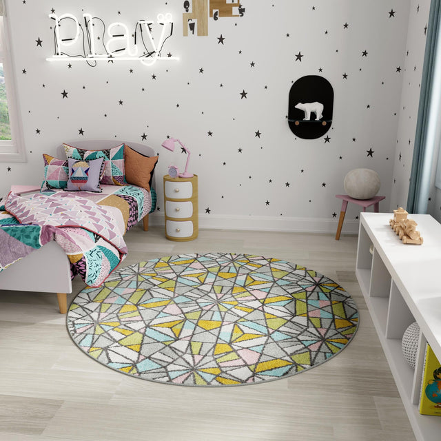 Multicolor 6' 1 x 6' 1 Whimsy Kids Round Area Rug for Baby Nursery, Toddler Playroom, Bedrooms