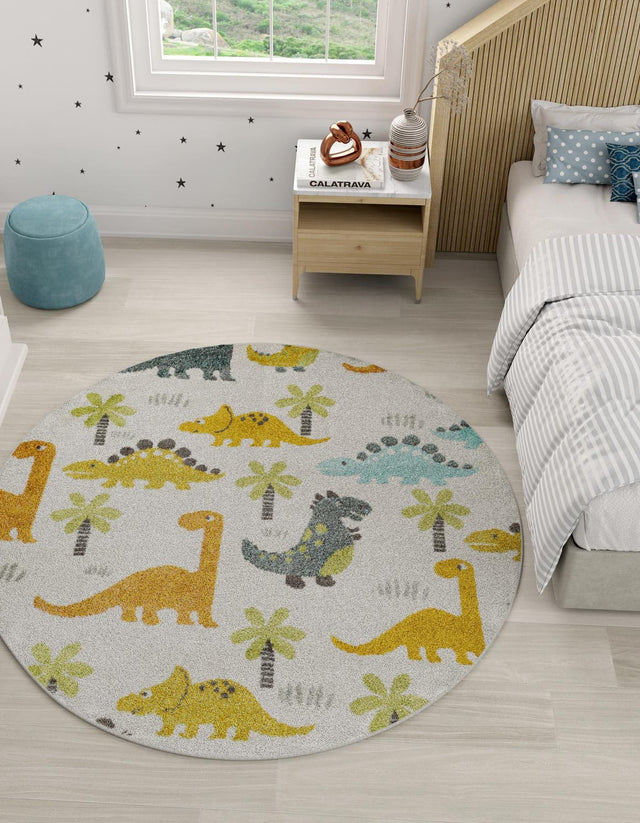 Ivory 7' 10 x 7' 10 Whimsy Kids Round Area Rug for Baby Nursery, Toddler Playroom, Bedrooms Playful Fun Design Easy Clean Carpet for Sale at Rug Engine