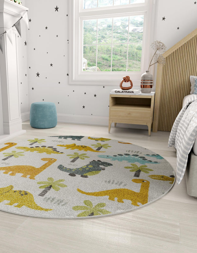 Ivory 3' 3 x 3' 3 Whimsy Kids Round Area Rug for Baby Nursery, Toddler Playroom, Bedrooms