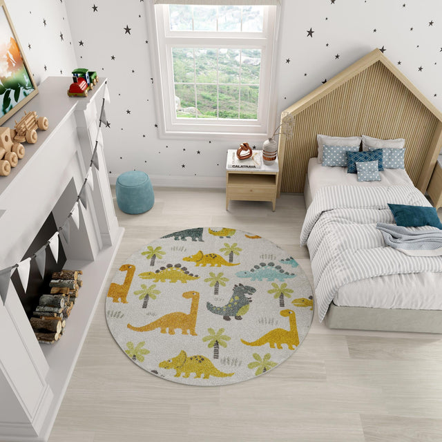 Ivory 5' 1 x 5' 1 Whimsy Kids Round Area Rug for Baby Nursery, Toddler Playroom, Bedrooms