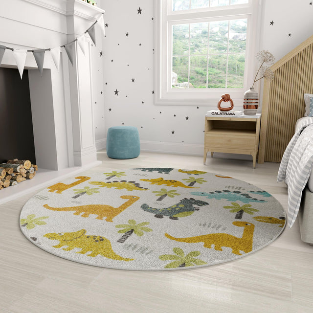 Ivory 5' 1 x 5' 1 Whimsy Kids Round Area Rug for Baby Nursery, Toddler Playroom, Bedrooms