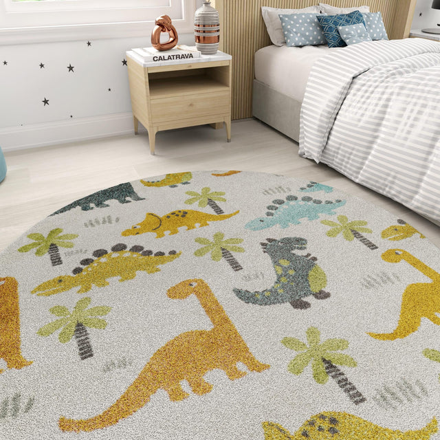 Ivory 5' 1 x 5' 1 Whimsy Kids Round Area Rug for Baby Nursery, Toddler Playroom, Bedrooms