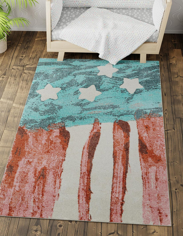 Red and Blue 4' 1 x 6' 1 Whimsy Kids Rectangle Area Rug for Baby Nursery, Toddler Playroom, Bedrooms