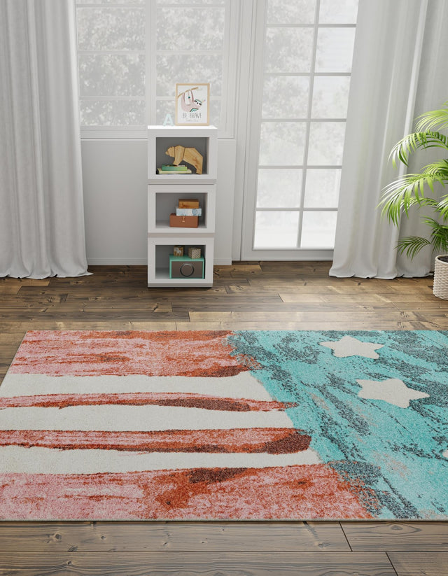 Red and Blue 4' 1 x 6' 1 Whimsy Kids Rectangle Area Rug for Baby Nursery, Toddler Playroom, Bedrooms