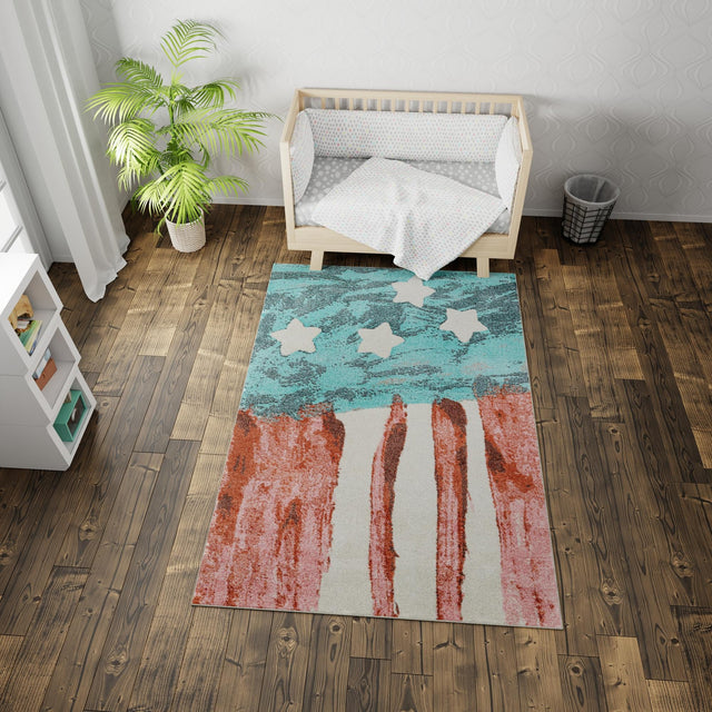 Red and Blue 5' 3 x 8' Whimsy Kids Rectangle Area Rug for Baby Nursery, Toddler Playroom, Bedrooms