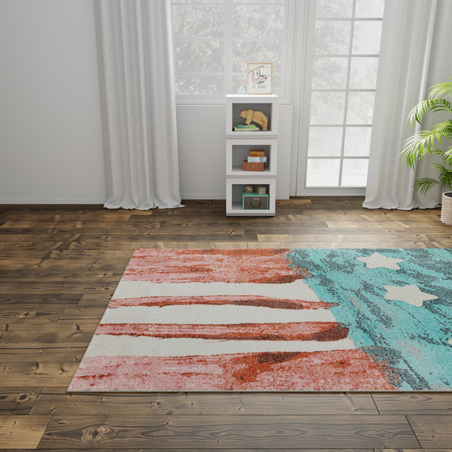 Red and Blue 5' 3 x 8' Whimsy Kids Rectangle Area Rug for Baby Nursery, Toddler Playroom, Bedrooms