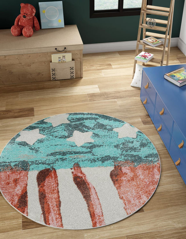 Red and Blue 6' 1 x 6' 1 Whimsy Kids Round Area Rug for Baby Nursery, Toddler Playroom, Bedrooms