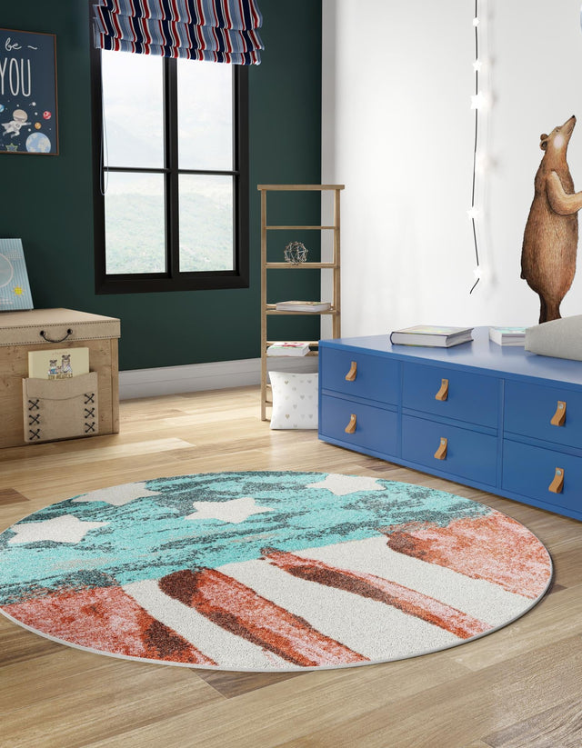 Red and Blue 3' 3 x 3' 3 Whimsy Kids Round Area Rug for Baby Nursery, Toddler Playroom, Bedrooms