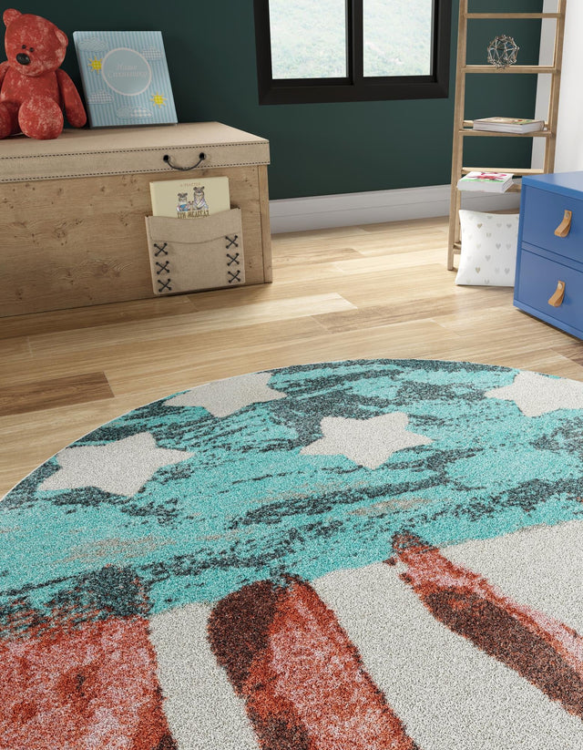 Red and Blue 3' 3 x 3' 3 Whimsy Kids Round Area Rug for Baby Nursery, Toddler Playroom, Bedrooms