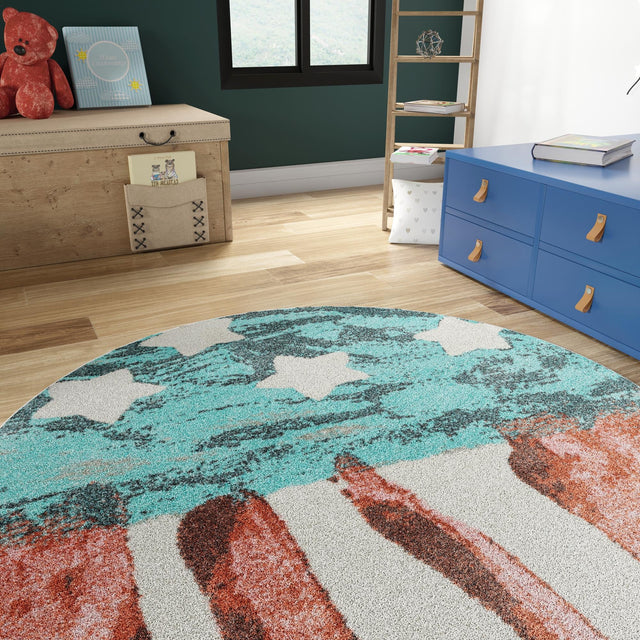 Red and Blue 5' 1 x 5' 1 Whimsy Kids Round Area Rug for Baby Nursery, Toddler Playroom, Bedrooms