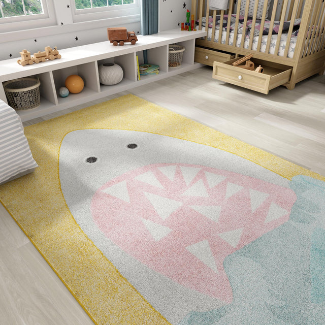 Yellow 4' 1 x 6' 1 Whimsy Kids Rectangle Area Rug for Baby Nursery, Toddler Playroom, Bedrooms