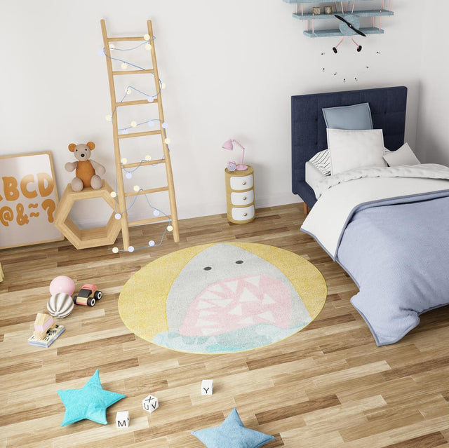 Yellow 3' 3 x 3' 3 Whimsy Kids Round Area Rug for Baby Nursery, Toddler Playroom, Bedrooms