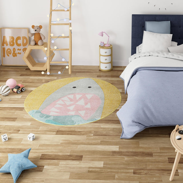 Yellow 2' 2 x 2' 2 Whimsy Kids Round Area Rug for Baby Nursery, Toddler Playroom, Bedrooms