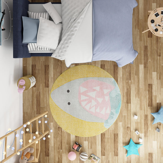 Yellow 5' 1 x 5' 1 Whimsy Kids Round Area Rug for Baby Nursery, Toddler Playroom, Bedrooms