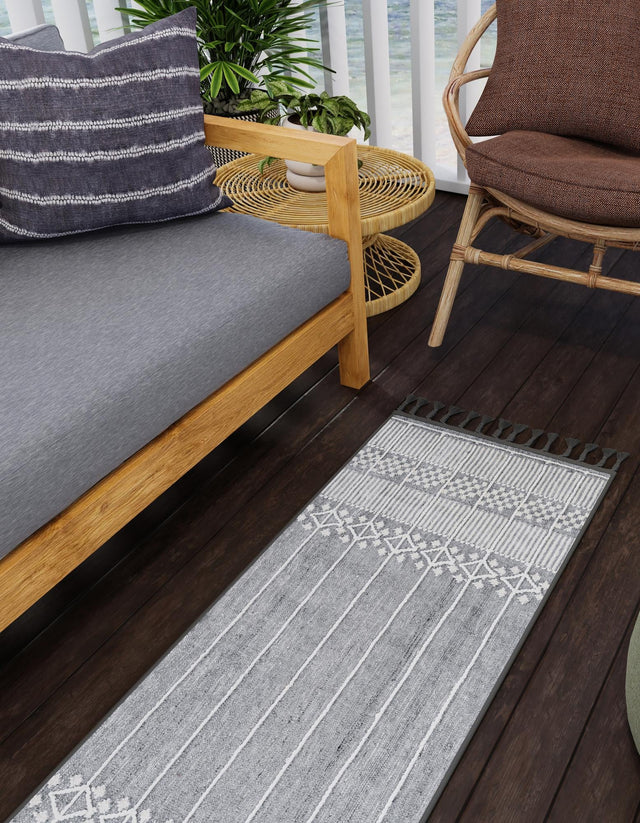 Cool Gray 2' 2 x 6' 7 Eco Bohemian Indoor Outdoor Runner Area Rug Weather Resistant for Patio, Deck, Terrace, Balcony, Porch 100% Recycled PET Polyester Carpet Mat for Sale at Rug Engine