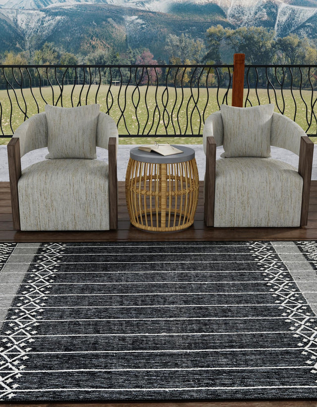Charcoal Black 5' 1 x 8' Eco Bohemian Indoor Outdoor Rectangle Area Rug Weather Resistant for Patio, Deck, Terrace, Balcony, Porch 100% Recycled PET Polyester Carpet Mat for Sale at Rug Engine