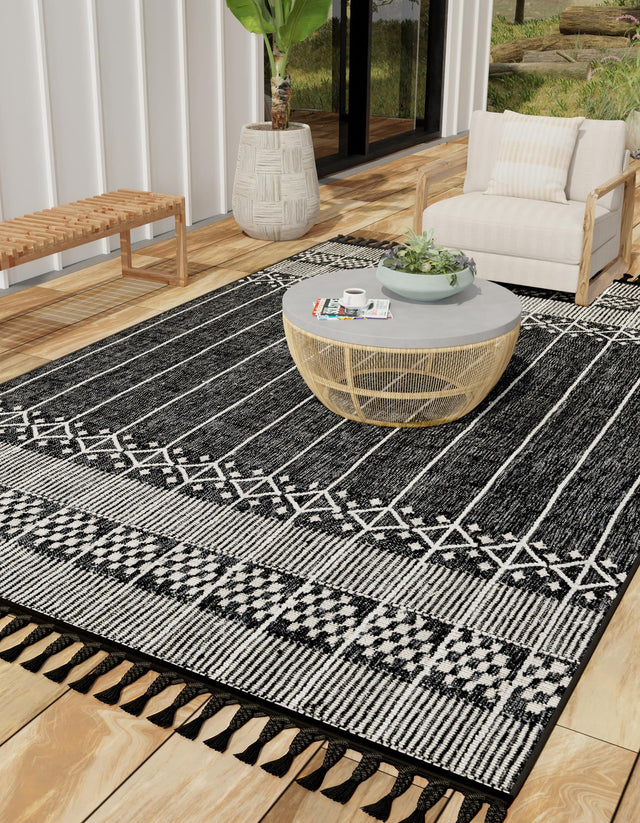 Charcoal Black 7' 10 x 10' Eco Bohemian Indoor Outdoor Rectangle Area Rug Weather Resistant for Patio, Deck, Terrace, Balcony, Porch 100% Recycled PET Polyester Carpet Mat for Sale at Rug Engine