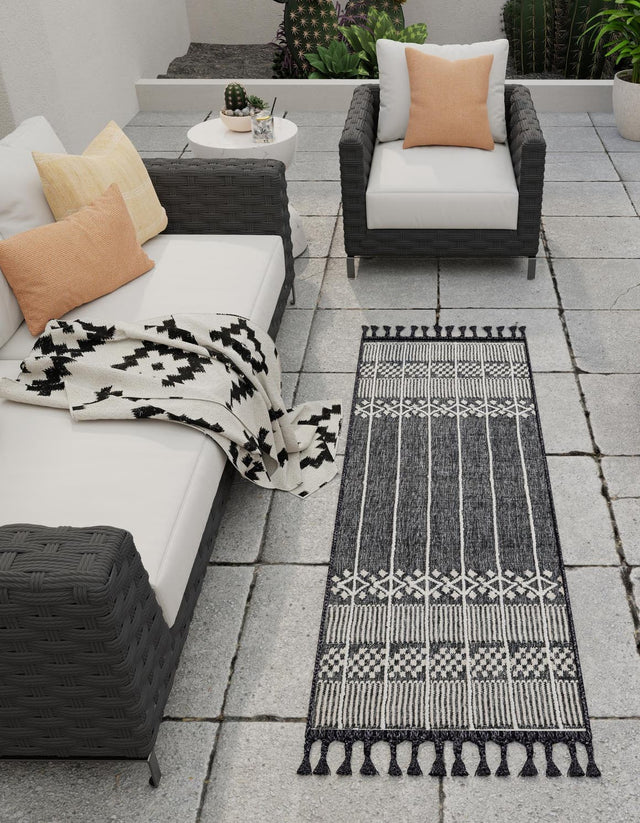 Charcoal Black 2' 2 x 8' 2 Eco Bohemian Indoor Outdoor Runner Area Rug Weather Resistant for Patio, Deck, Terrace, Balcony, Porch 100% Recycled PET Polyester Carpet Mat for Sale at Rug Engine