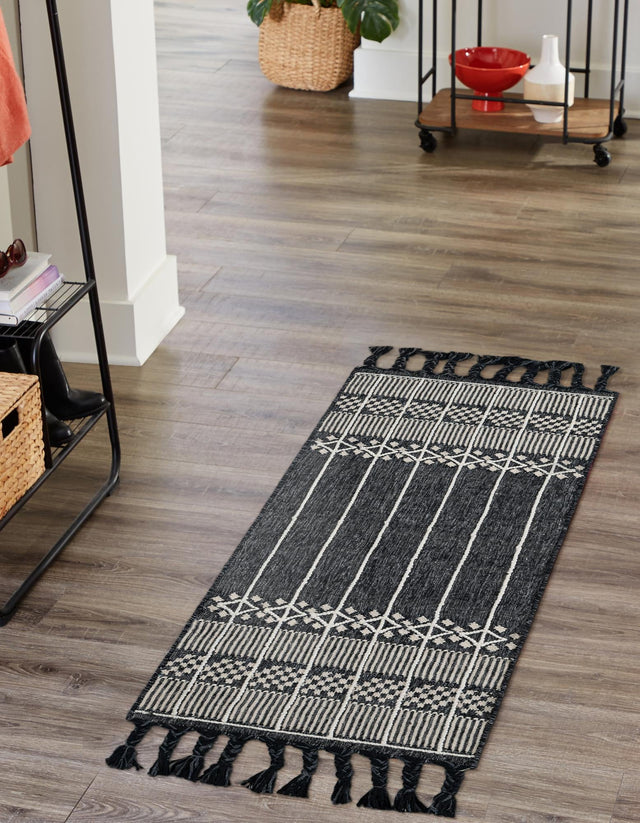 Charcoal Black 2' 2 x 6' 7 Eco Bohemian Indoor Outdoor Runner Area Rug Weather Resistant for Patio, Deck, Terrace, Balcony, Porch 100% Recycled PET Polyester Carpet Mat for Sale at Rug Engine