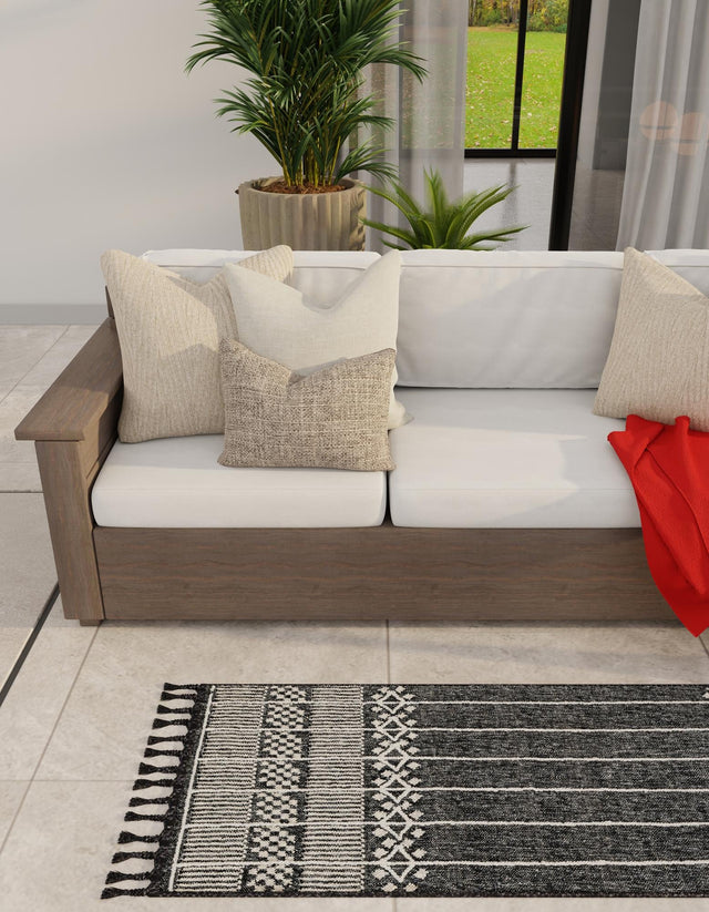 Charcoal Black 2' 2 x 6' 7 Eco Bohemian Indoor Outdoor Runner Area Rug Weather Resistant for Patio, Deck, Terrace, Balcony, Porch 100% Recycled PET Polyester Carpet Mat for Sale at Rug Engine