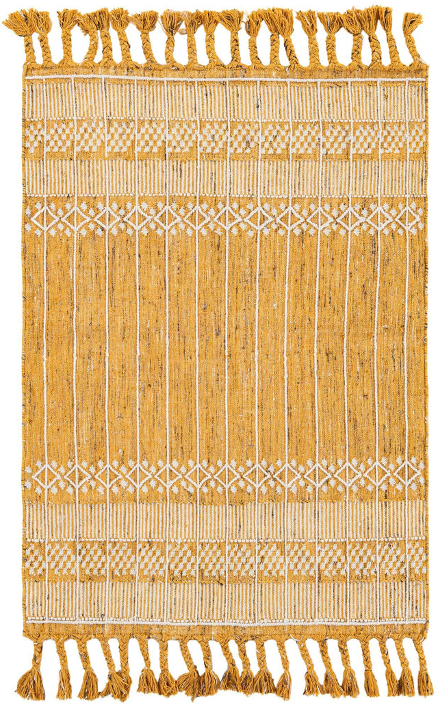 Mustard Yellow 4' 1 x 6' 1 Eco Bohemian Indoor Outdoor Rectangle Area Rug Weather Resistant for Patio, Deck, Terrace, Balcony, Porch 100% Recycled PET Polyester Carpet Mat for Sale at Rug Engine