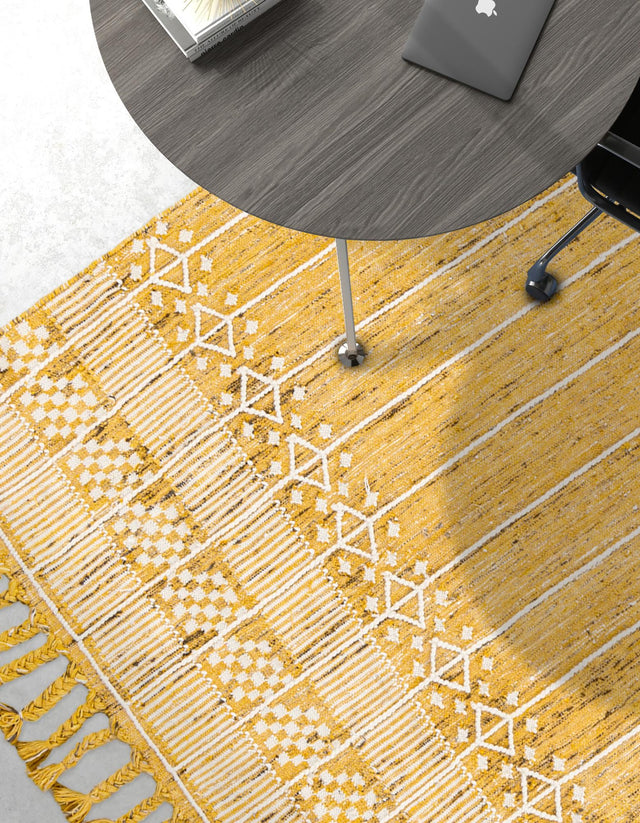 Mustard Yellow 4' 1 x 6' 1 Eco Bohemian Indoor Outdoor Rectangle Area Rug Weather Resistant for Patio, Deck, Terrace, Balcony, Porch 100% Recycled PET Polyester Carpet Mat for Sale at Rug Engine