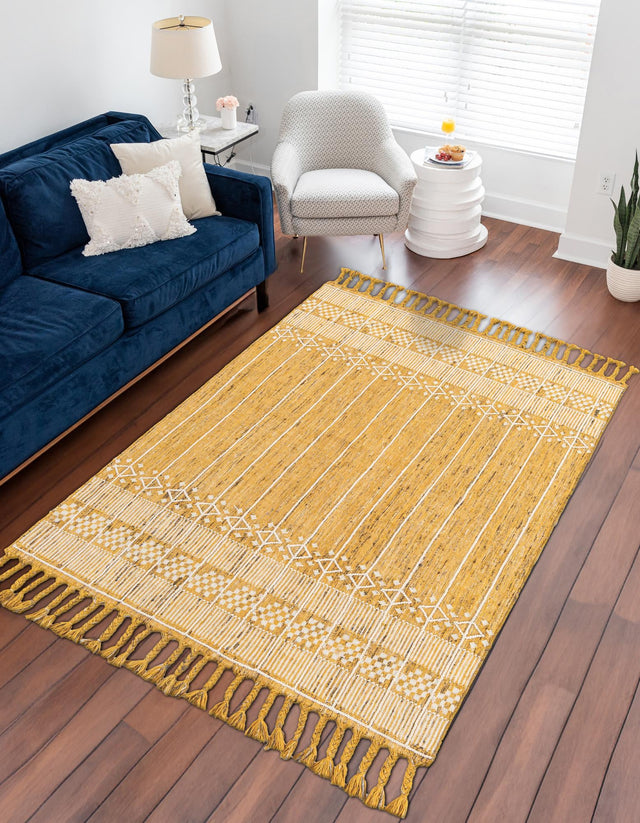 Mustard Yellow 9' x 12' Eco Bohemian Indoor Outdoor Rectangle Area Rug Weather Resistant for Patio, Deck, Terrace, Balcony, Porch 100% Recycled PET Polyester Carpet Mat for Sale at Rug Engine