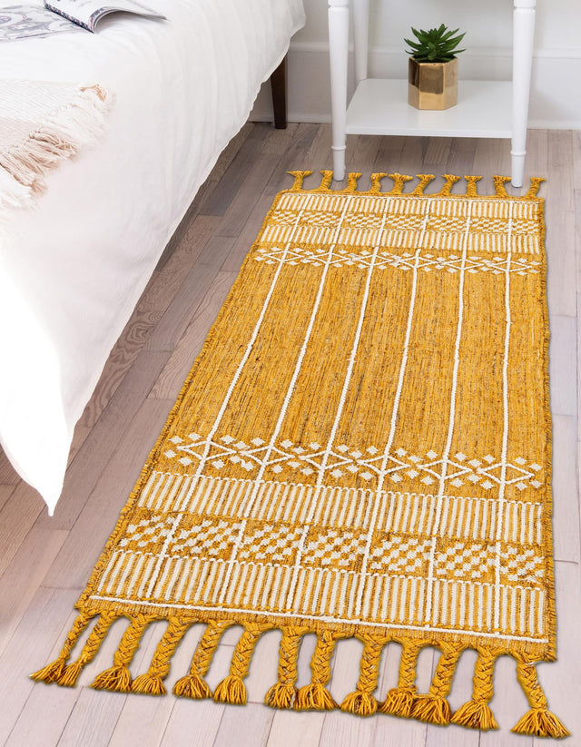 Mustard Yellow 2' 2 x 5' 1 Eco Bohemian Indoor Outdoor Runner Area Rug Weather Resistant for Patio, Deck, Terrace, Balcony, Porch 100% Recycled PET Polyester Carpet Mat for Sale at Rug Engine