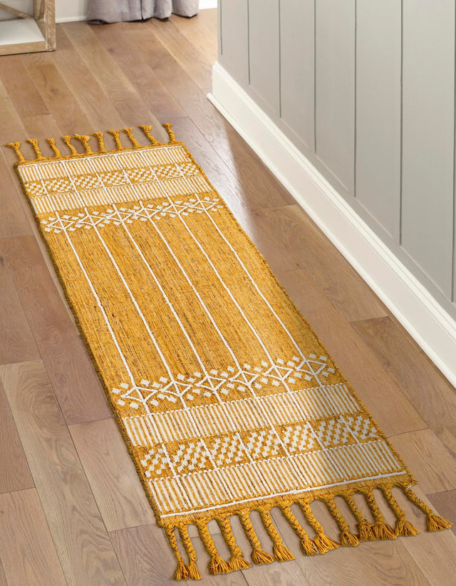 Mustard Yellow 2' 2 x 5' 1 Eco Bohemian Indoor Outdoor Runner Area Rug Weather Resistant for Patio, Deck, Terrace, Balcony, Porch 100% Recycled PET Polyester Carpet Mat for Sale at Rug Engine