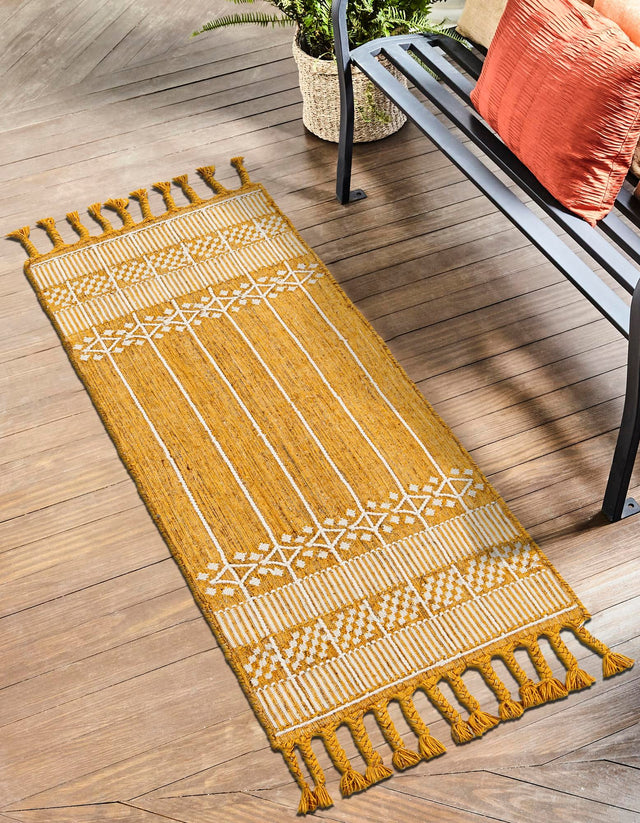 Mustard Yellow 2' 2 x 8' 2 Eco Bohemian Indoor Outdoor Runner Area Rug Weather Resistant for Patio, Deck, Terrace, Balcony, Porch 100% Recycled PET Polyester Carpet Mat for Sale at Rug Engine