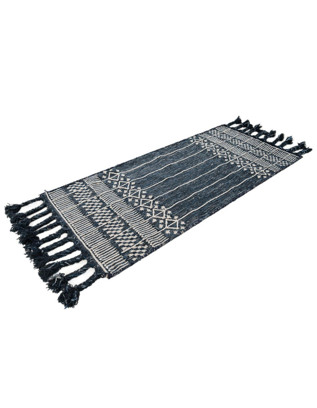 Navy Blue 2' 2 x 5' 1 Eco Bohemian Indoor Outdoor Runner Area Rug Weather Resistant for Patio, Deck, Terrace, Balcony, Porch 100% Recycled PET Polyester Carpet Mat for Sale at Rug Engine